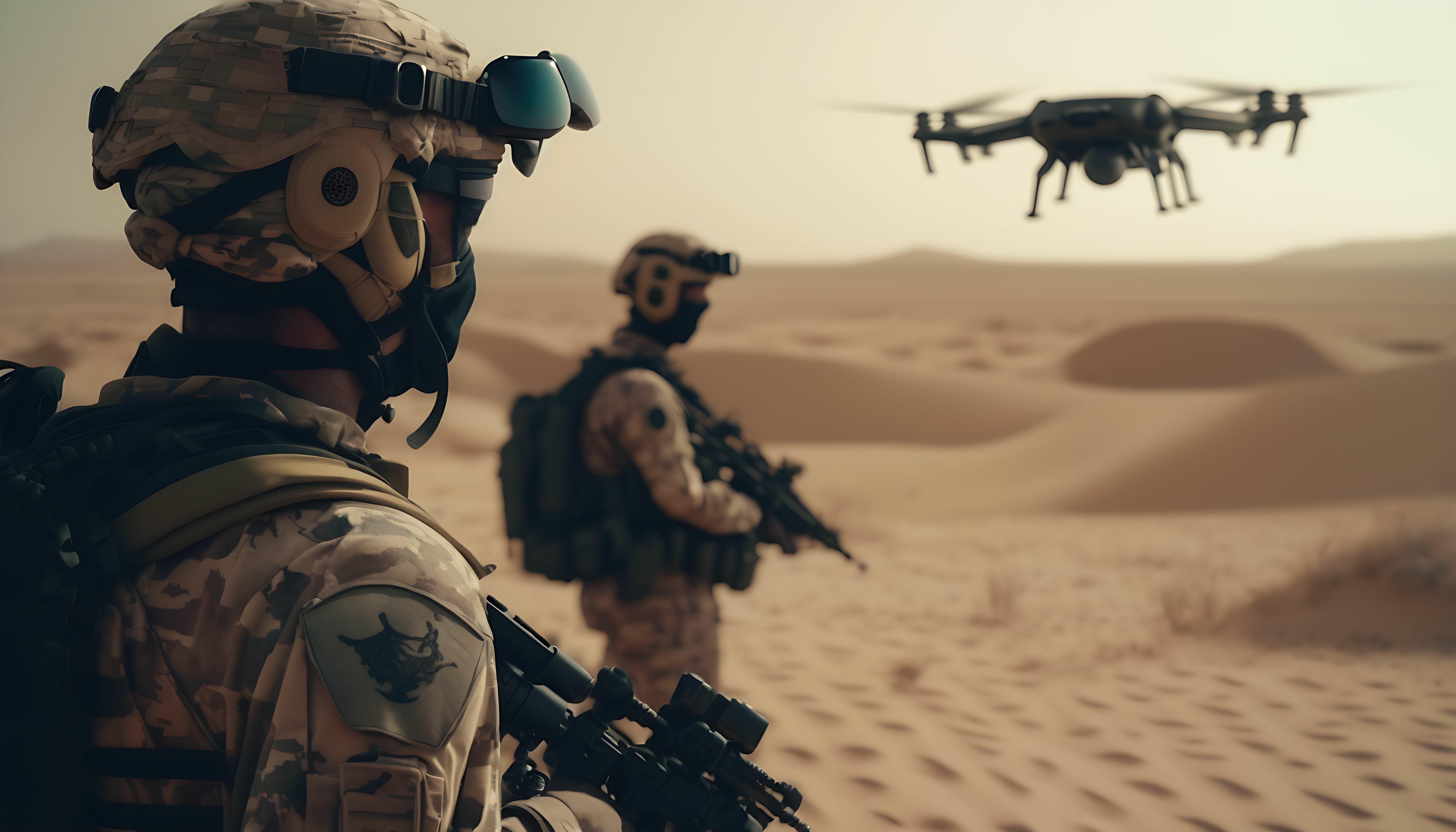 military soldiers standing in desert near drone 
